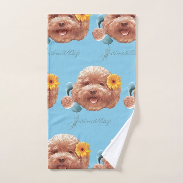 Toy Poodle with Flower and Phone Illustration Hand Towel (Hand Towel)