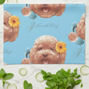 Toy Poodle with Flower and Phone Illustration Kitchen Towel