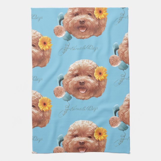Toy Poodle with Flower and Phone Illustration Kitchen Towel (Vertical)