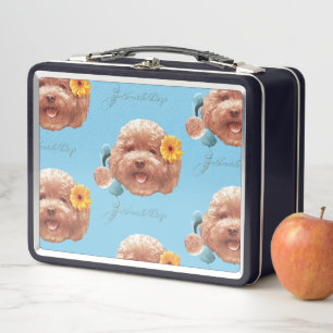 Toy Poodle with Flower and Phone Illustration Metal Lunch Box