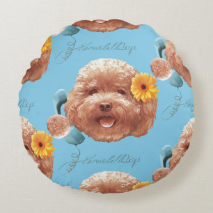 Toy Poodle with Flower and Phone Illustration Round Pillow