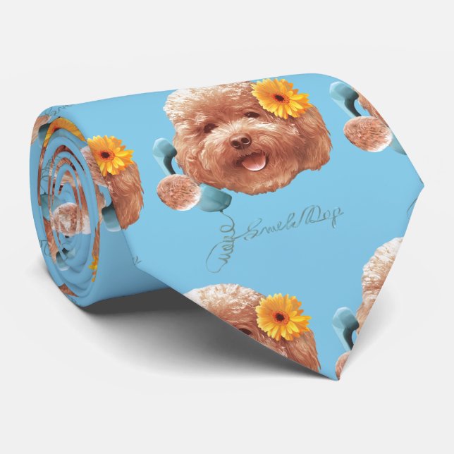 Toy Poodle with Flower and Phone Illustration Tie (Rolled)