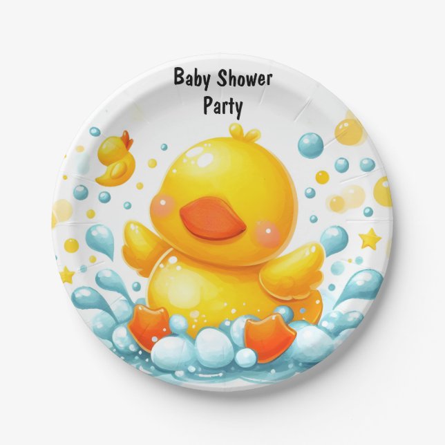Toy Pool Foam Bash Twin Rubber Duck Baby Shower Paper Plate (Front)