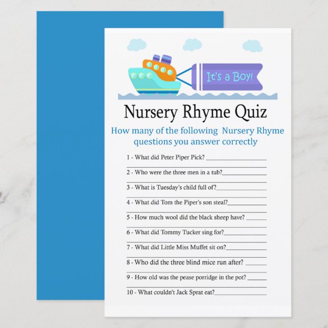 Toy Ship Nursery Rhyme Quiz baby shower game (Front/Back)