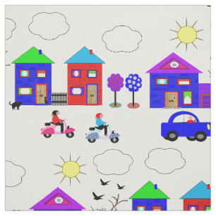 Toy Town Colourful Houses Fun Whimsy Patterned Fabric