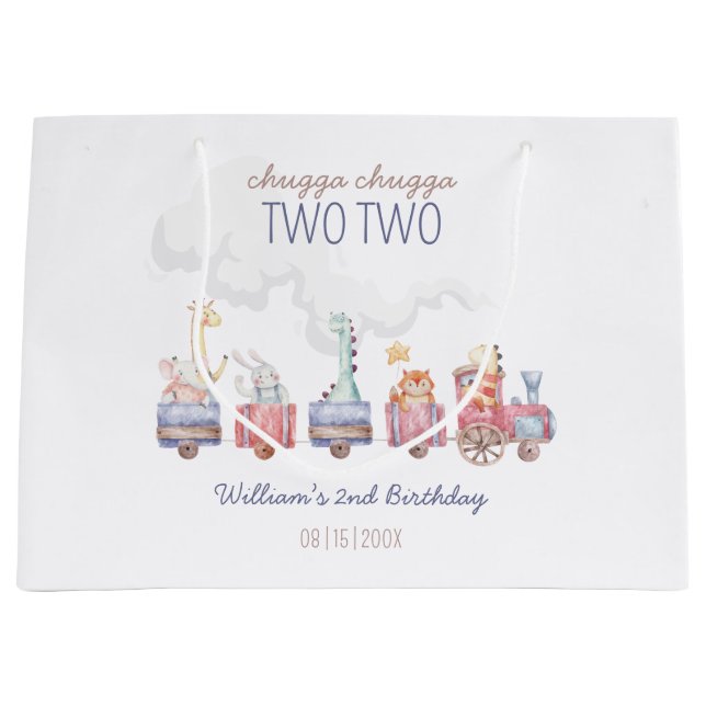 Toy Train All Aboard Birthday invite, Zoo Animals Large Gift Bag (Front)
