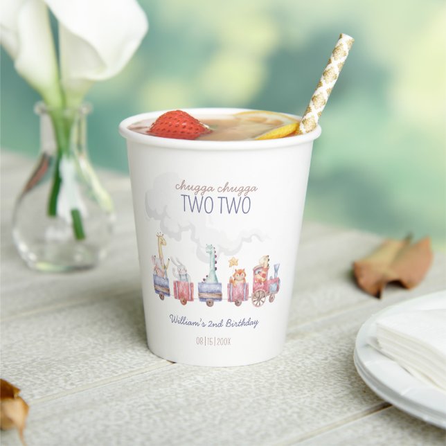 Toy Train All Aboard Birthday invite, Zoo Animals Paper Cups (Insitu)