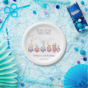 Toy Train All Aboard Birthday invite, Zoo Animals Paper Plate