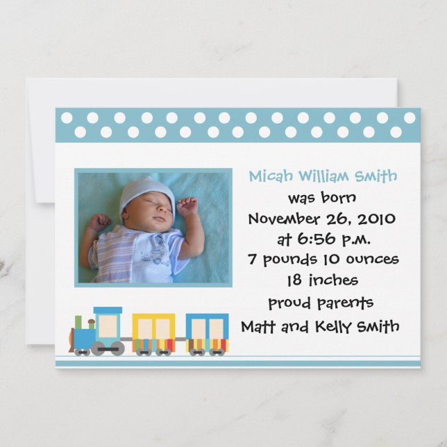 Toy Train Blue Birth Announcement (Front)