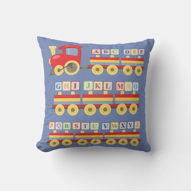 Toy Train Carrying Alphabet Blocks Blue Throw Pillow (Front)