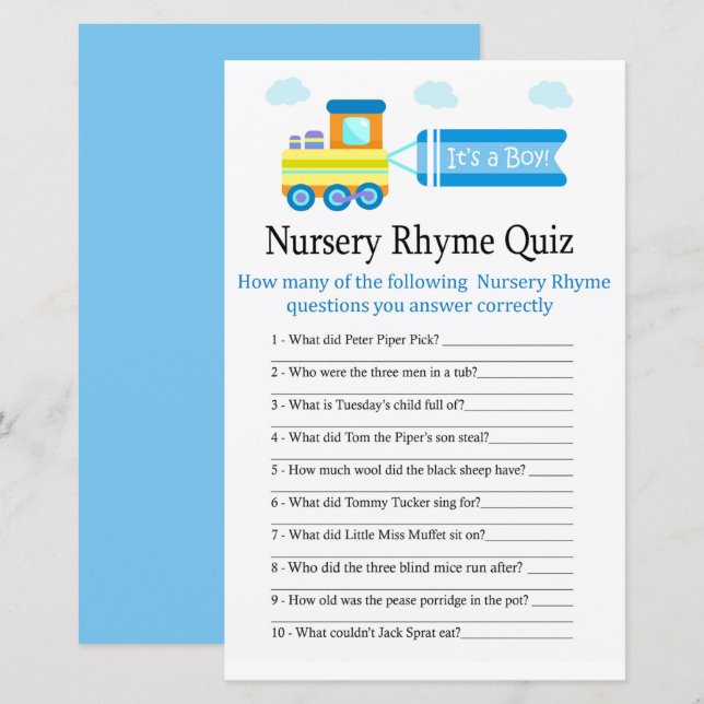 Toy Train Nursery Rhyme Quiz baby shower game (Front/Back)