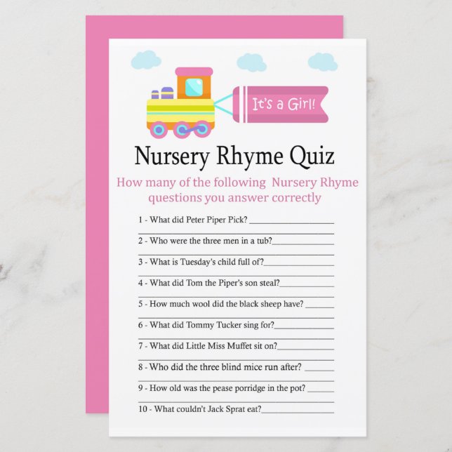 Toy Train Nursery Rhyme Quiz baby shower game (Front/Back)