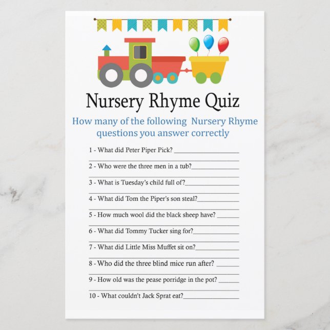 Toy train Nursery Rhyme Quiz baby shower game (Front)