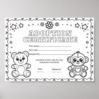 Toys adopt a pet colouring certificate poster