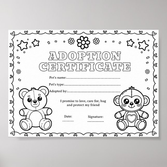 Toys adopt a pet colouring certificate poster (Front)
