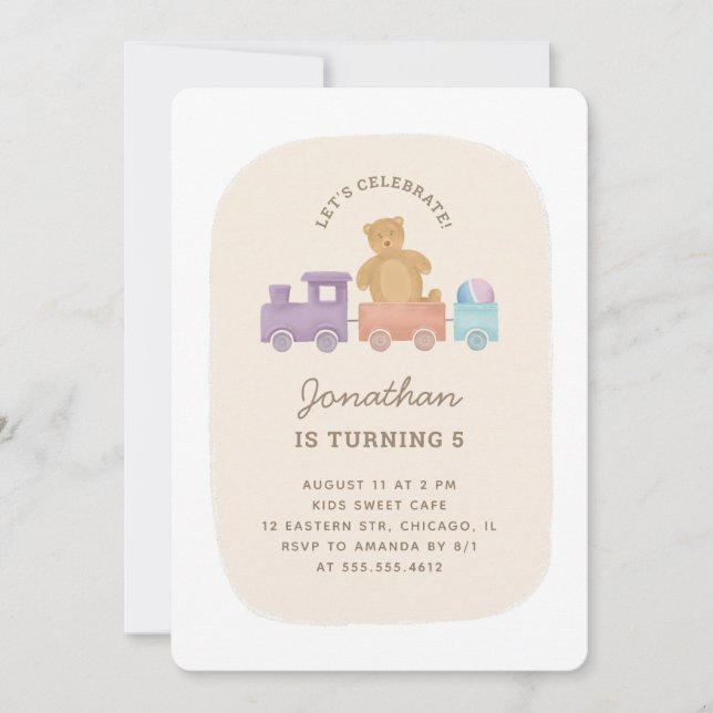 Toys train and bear. Cute funny kids birthday Invitation (Front)
