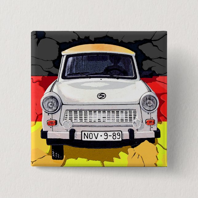 Trabant Car and German Flag, Berlin Wall 2 Inch Square Button (Front)