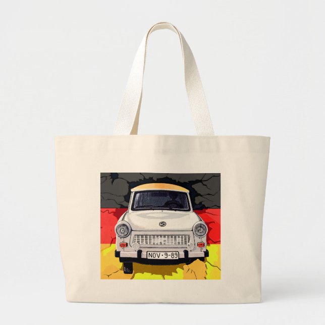 Trabant Car and German Flag, Berlin Wall Large Tote Bag (Front)