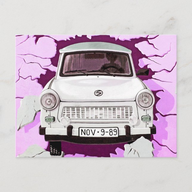 Trabant Car and Pink/Lilac Berlin Wall Postcard (Front)