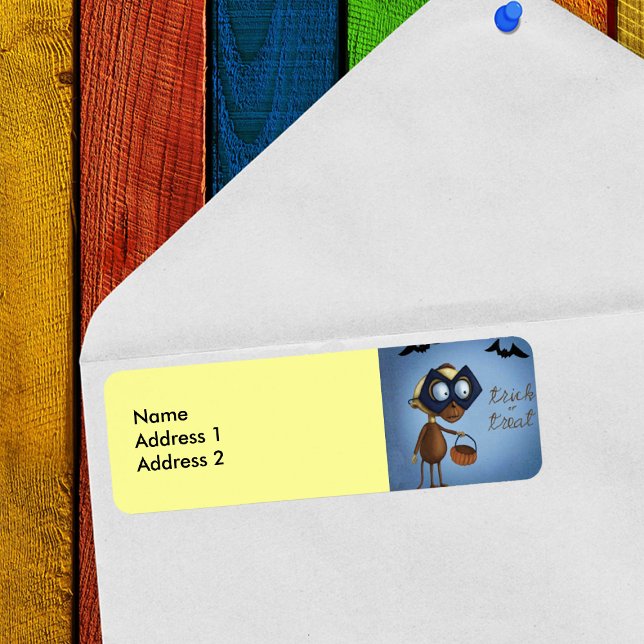 Tracer ou traiter les chauves-souris à singe masqu (Fun masked Halloween Trick or treat monkey with bats on blue and yellow return address labels.)