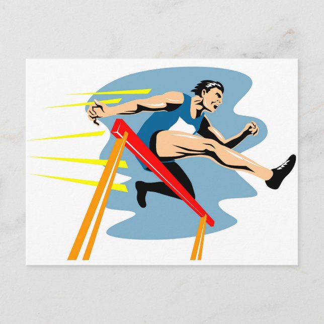 track and field athlete jumping hurdles postcard (Front)
