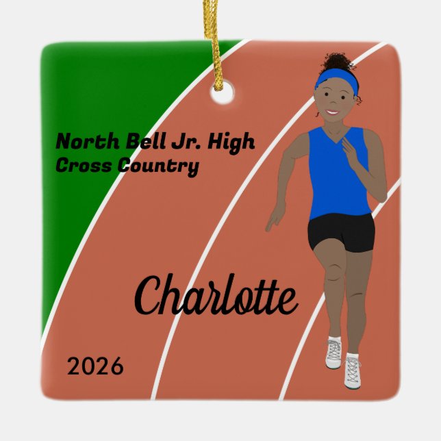 Track and Field Girl Black Hair in Blue Ceramic Ornament (Front)