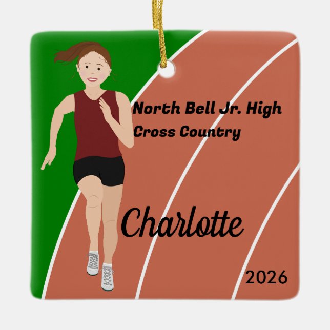 Track and Field Girl Brown Hair in Maroon Black Ceramic Ornament (Front)