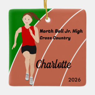 Track and Field Girl Brown Hair in Red Black Ceramic Ornament