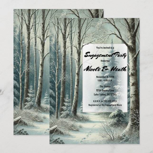 Tracks in the Snow Winter Rustic Engagement Party Invitation (Front/Back)