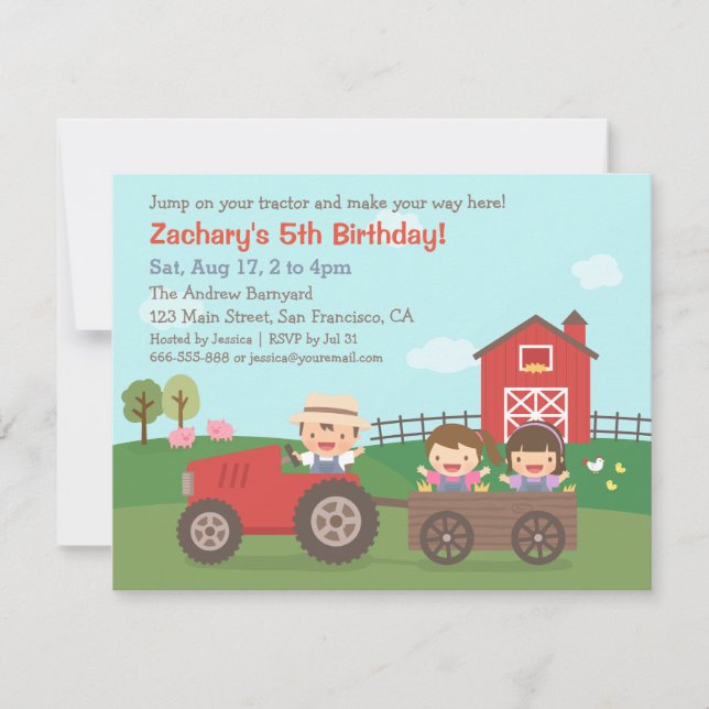 Tracteur aux invitations de partie d'anniversaire (Devant)