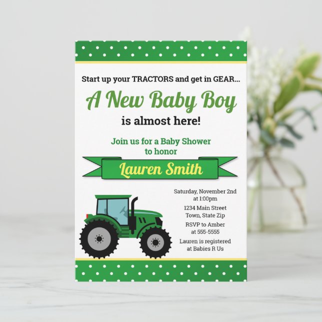 Tracteur Baby shower Invitation Tracteur Garçon (Debout devant)
