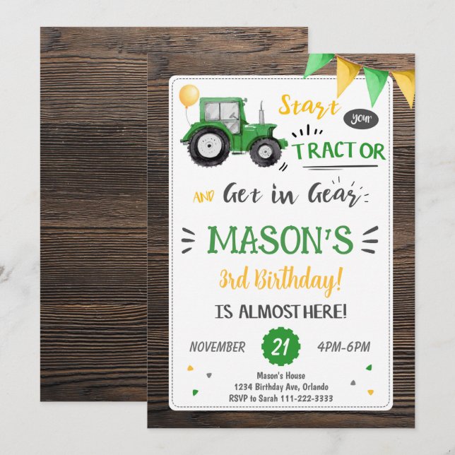 Tracteur en bois Invitation d'anniversaire (Devant / Derrière)