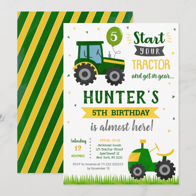 Tracteur fermier Anniversaire Fête Invitation (Devant / Derrière)