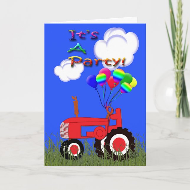 Tracteur rouge avec carte d'invitation à la fête d (Devant)