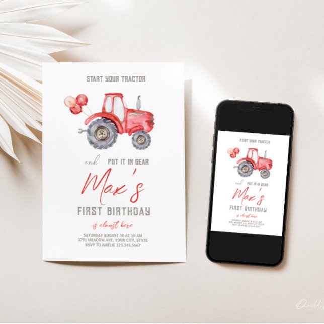 Tracteur rouge Thème Anniversaire Invitation (Créateur téléchargé)