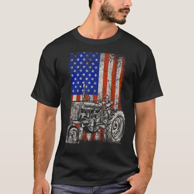 Tractor American Usa Flag Patriotic Farmer Fourth  T-Shirt (Front)