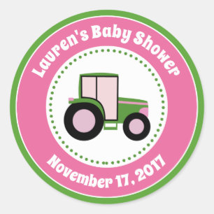 Tractor Baby Shower Favour Stickers Pink Girl