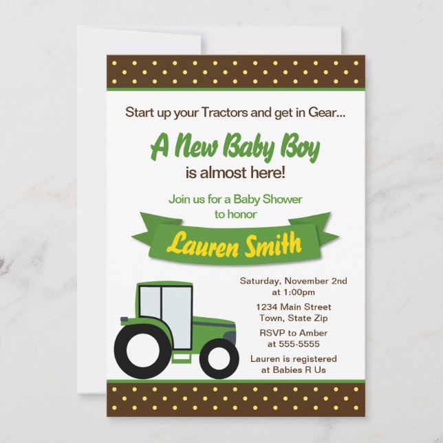Tractor Baby Shower Invitation 5x7 Card (Front)