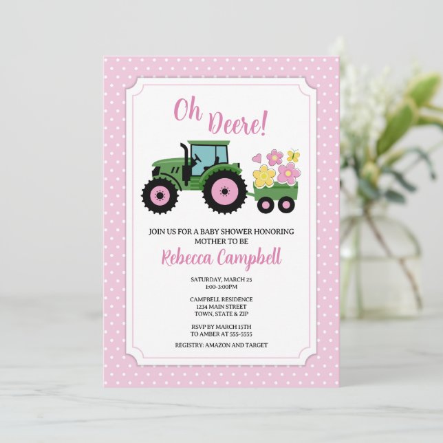 Tractor Baby Shower Invitation, Tractor Girl  Invitation (Standing Front)