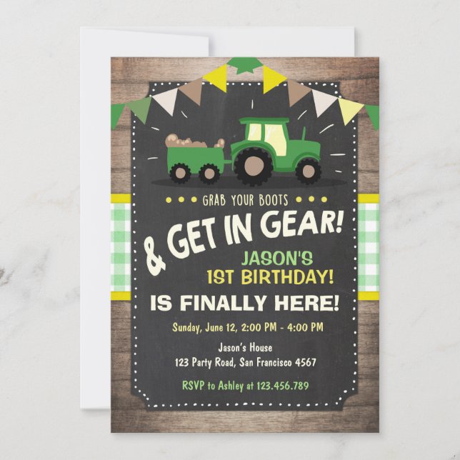 Tractor birthday invitation Farm party Boy Green (Front)