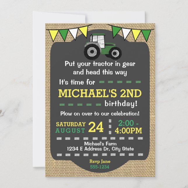 Tractor Birthday Invite, Green & Yellow Tractor Invitation (Front)