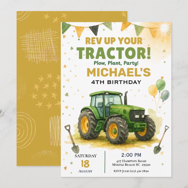   Tractor Birthday Party Invitation   (Front/Back)