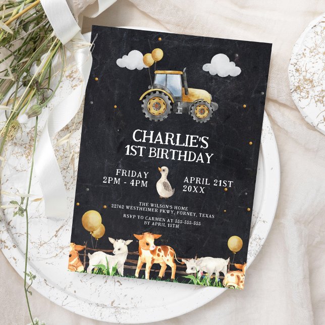 Tractor Birthday Party Watercolor Farm Animals Invitation (Creator Uploaded)