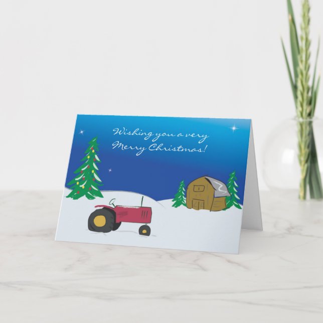 Tractor Christmas Card: Red Tractor Barn Scene Holiday Card (Front)