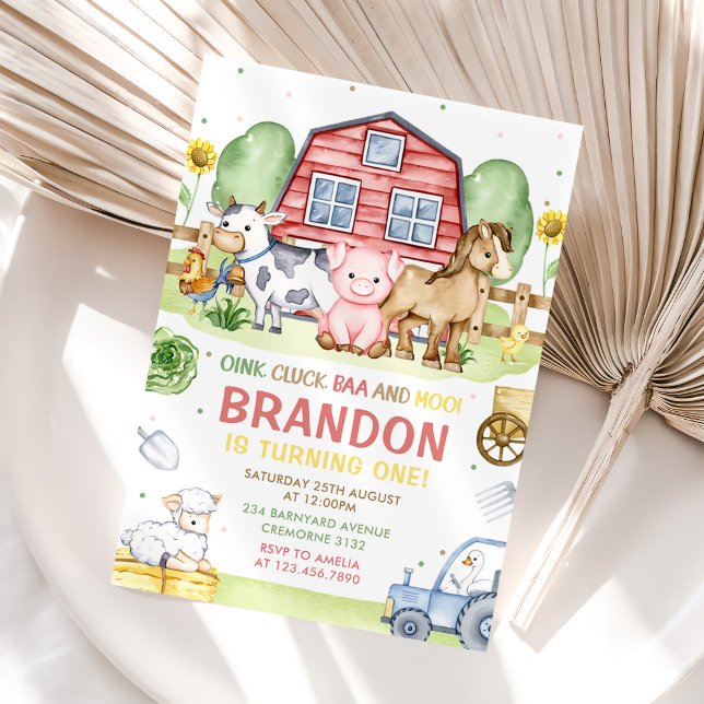 Tractor Farm Animals Oink Baa Moo 1st Birthday Invitation (Creator Uploaded)