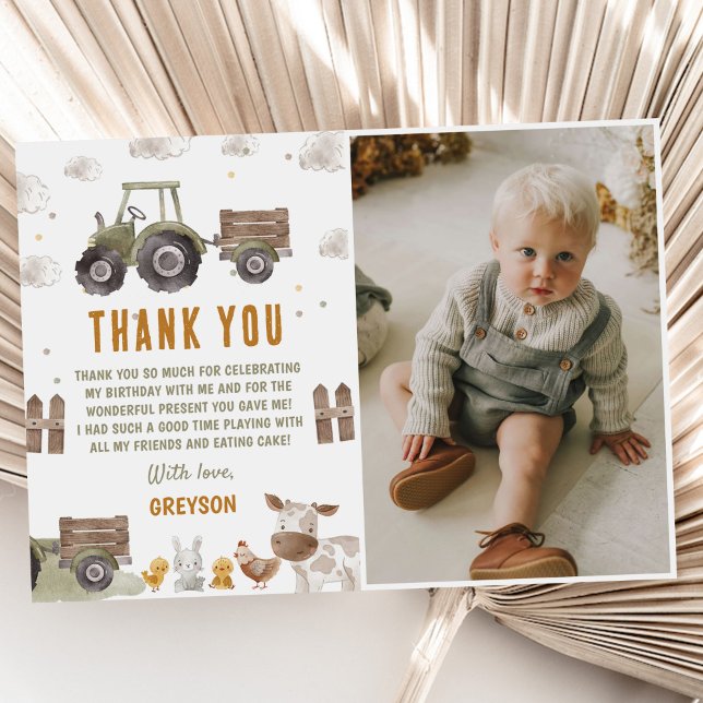 Tractor Farm Birthday Photo Thank You Card (Creator Uploaded)