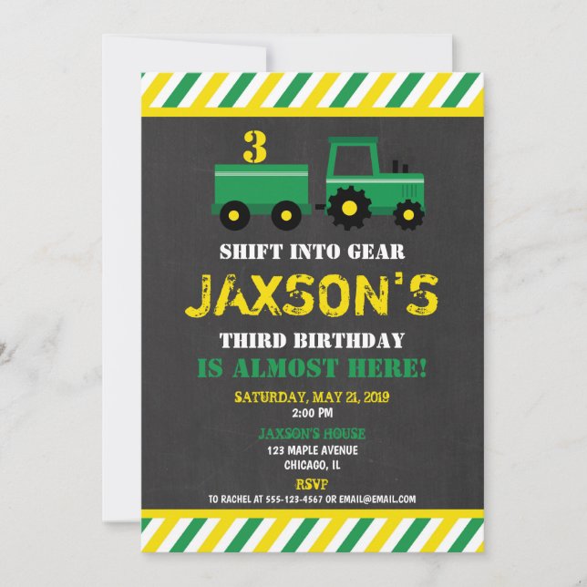 Tractor green and yellow birthday invitation boy (Front)