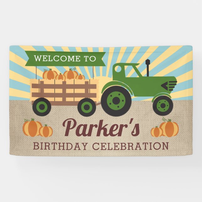 Tractor Hayride Pumpkin Birthday Vinyl Welcome Banner (Horizontal)
