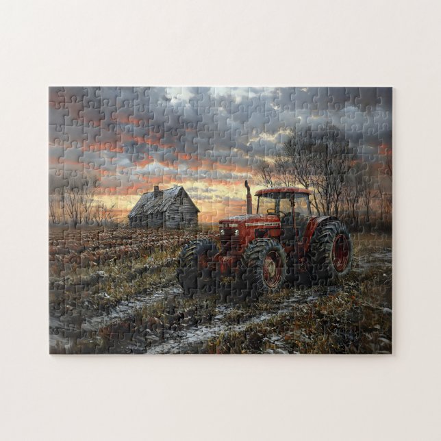 Tractor in a Farm Field Rustic Jigsaw Puzzle (Horizontal)