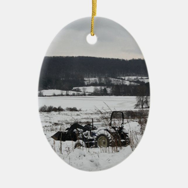 Tractor in Snow Ceramic Ornament (Front)